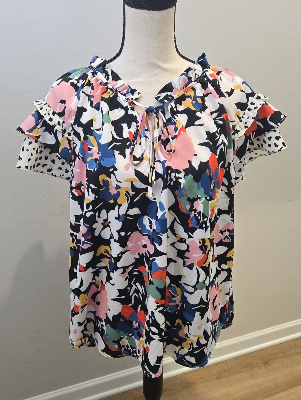 Umgee Multicolor Floral Ruffle Tie-Neck Blouse